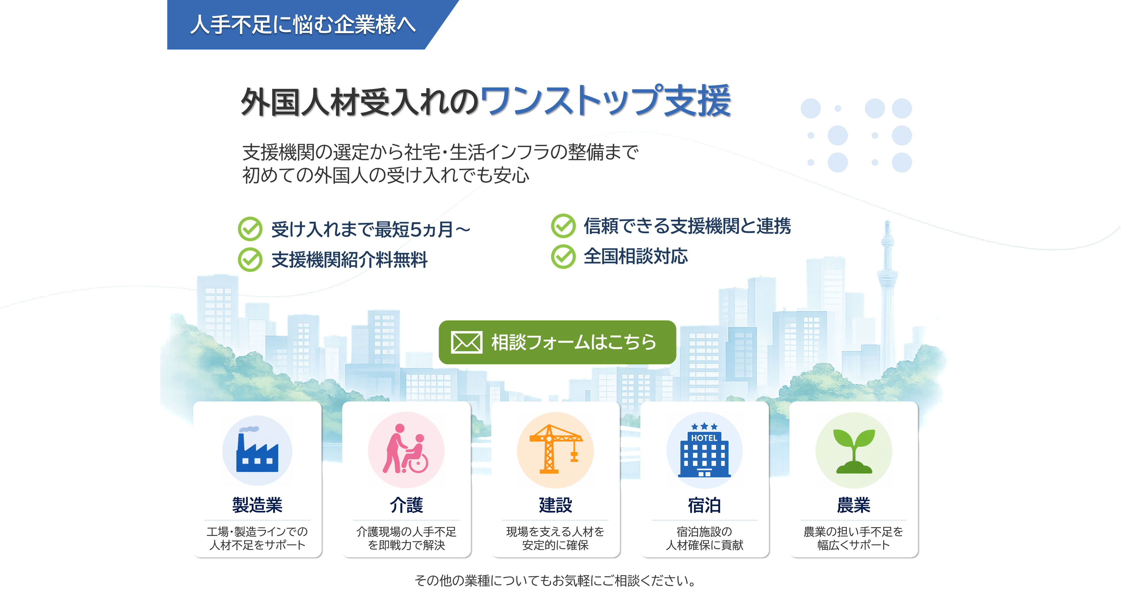 外国人材受入れのワンストップ支援：製造業・介護・建設・宿泊・農業に対応