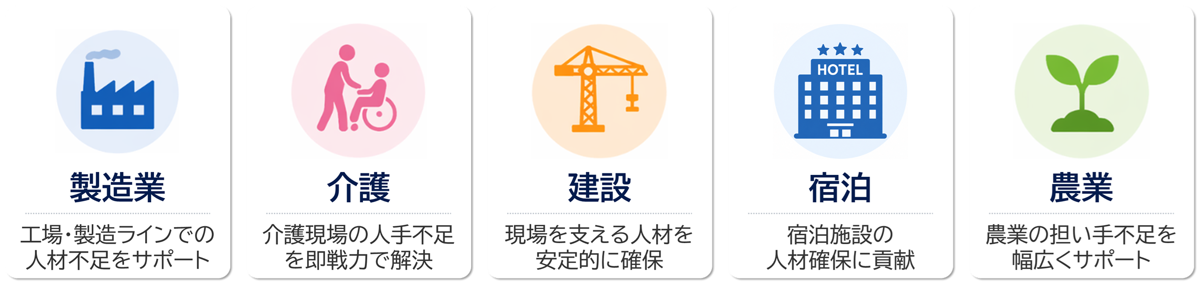 製造業、介護、建設、宿泊、農業